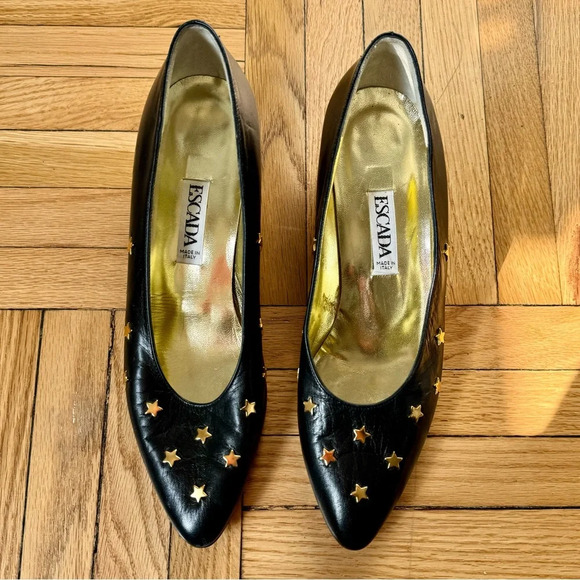 Escada Heels 80s Vintage Star-Studded Low Heel Leather Black Sz 8.5 - Picture 2 of 9